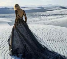 Black Sexy V Neck Lace Appliqued Long Sleeves Tulle Wedding Dresses Sweep