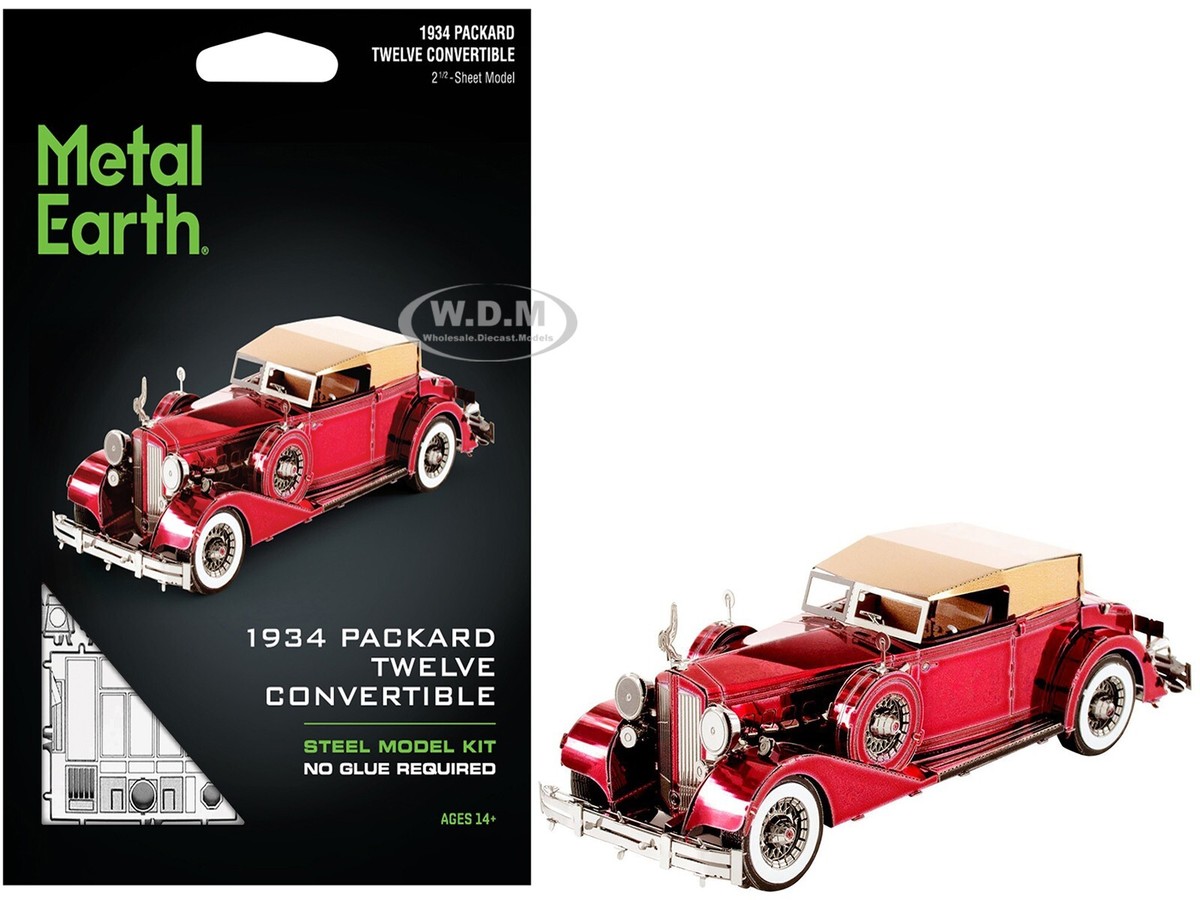 1934 PACKARD TWELVE CONVERTIBLE RED STEEL MODEL KIT BY METAL EARTH