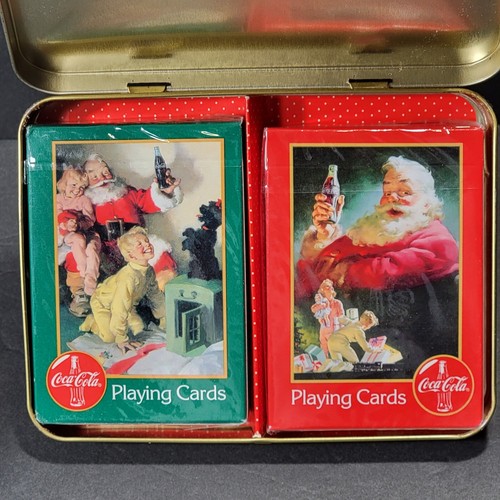 1996 Vintage Christmas Playing Cards 2 Sealed Decks In Santa Tin Nostalgia USA - Picture 3 of 6