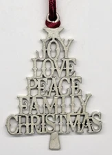 Joy Love Peace Family Christmas Tree Ornament Silver Tone Metal Holiday Decor