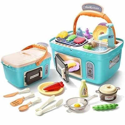 Kids Picnic & Kitchen Playset,Portable Pinic Basket Toys with Musics & Lights