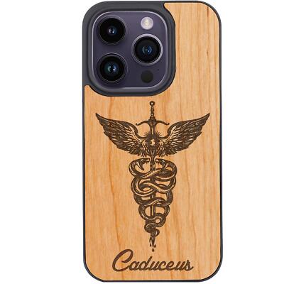 Caduceus For iPhone 15 Pro Plus 14 13 12 Wood Shockproof Phone Case Cover