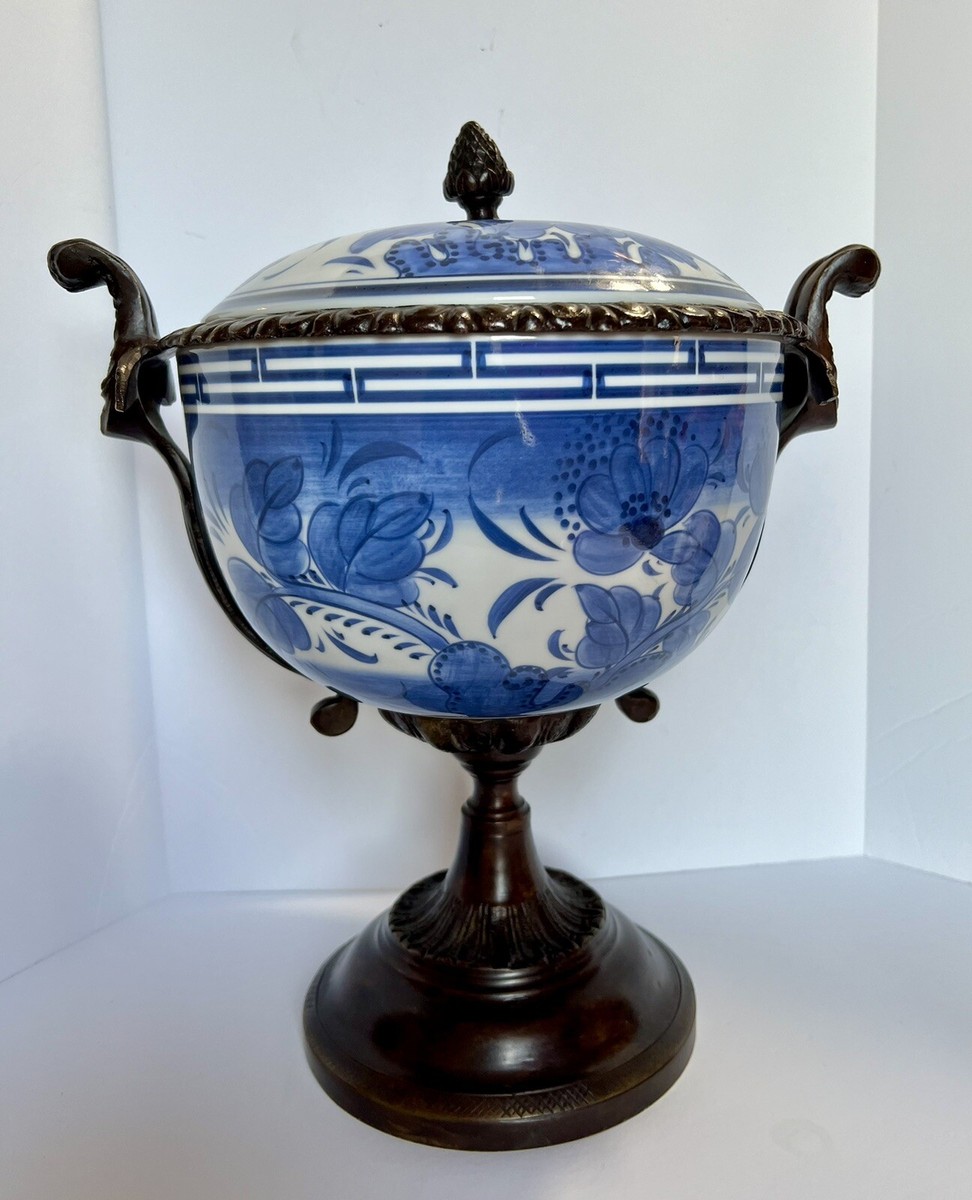 メートランドスミス MAITLAND SMITH 陶器製壺　蓋付き　ヴィンテージ Maitland Smith Blue & White Porcelain Brass Bronze Compote