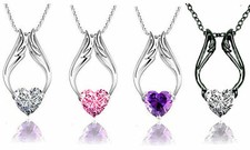 Ladies Rhodium Plated Heart With Synthetic Stone Angel Wings Necklace 18" Chain