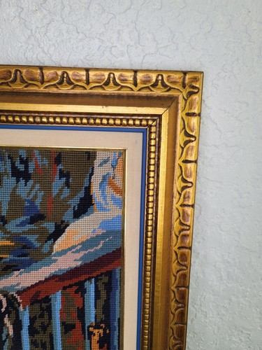 Vintage Needlepoint Lady Portrait w/Dog Tapestry Cross Stitch French 35''x 28'' - Picture 5 of 16