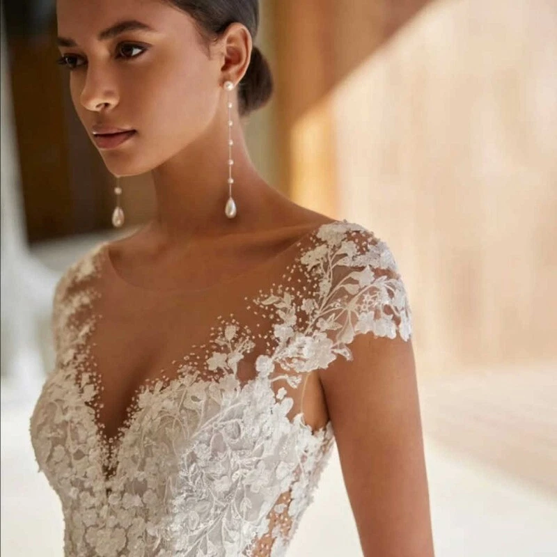 Boho Brautkleid Hochzeitskleid V-Ausschnitt Spitze Aufkleber Weiß Ivo - Bild 4 von 4