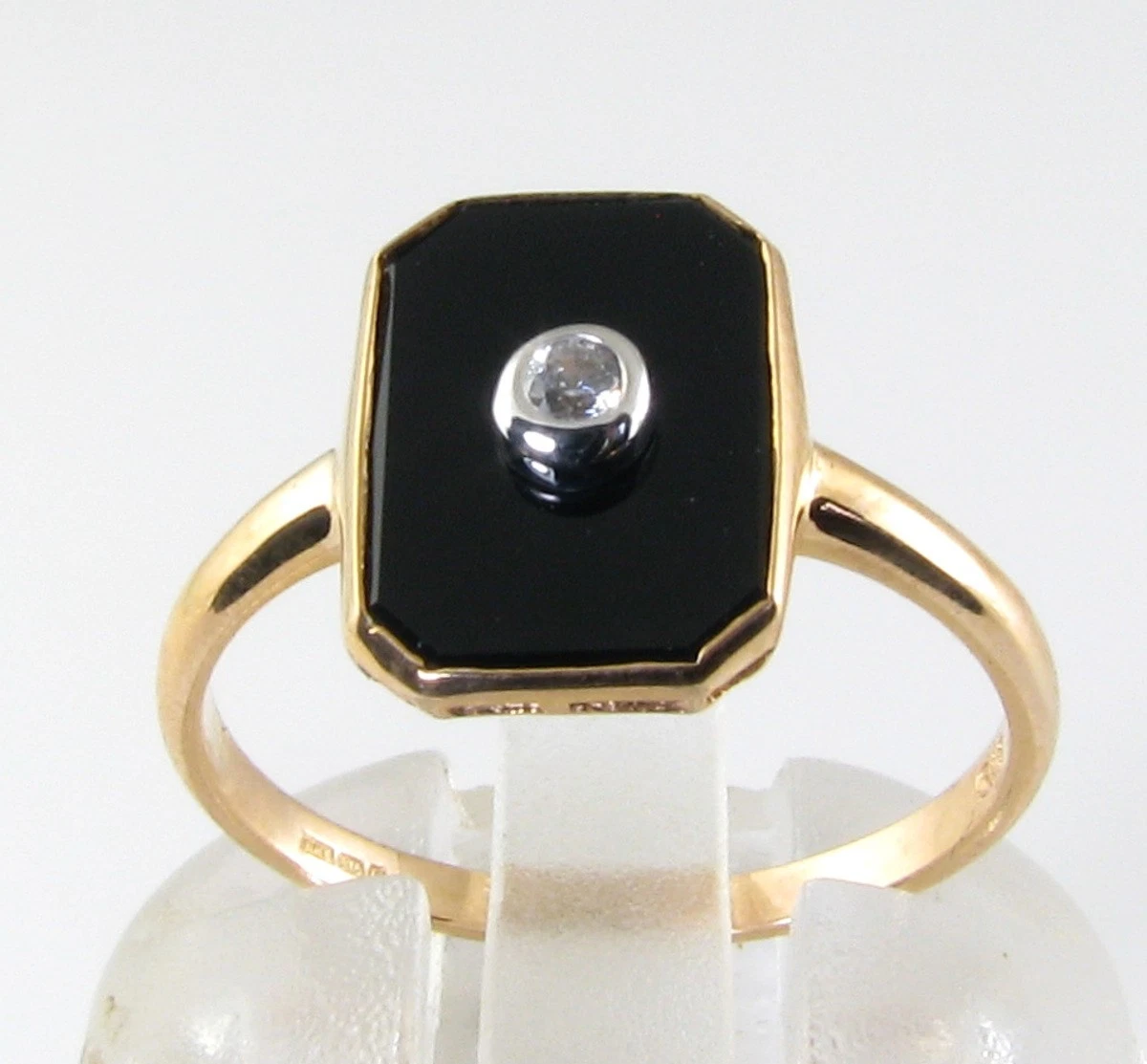 Anillo Art Déco 9ct Oro Rosa Ónix y Diamante Ajustable Gratis Resizable