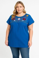 Women  s Mexican Handmade Embroidered Blouse   Blue Floral, Size 2XL, Cotton