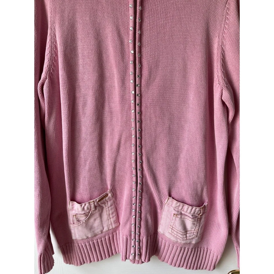Quacker Factory Sweater Womens Large Cardigan Rhinestone Patchwork Pockets Pink - Image 4 of 4