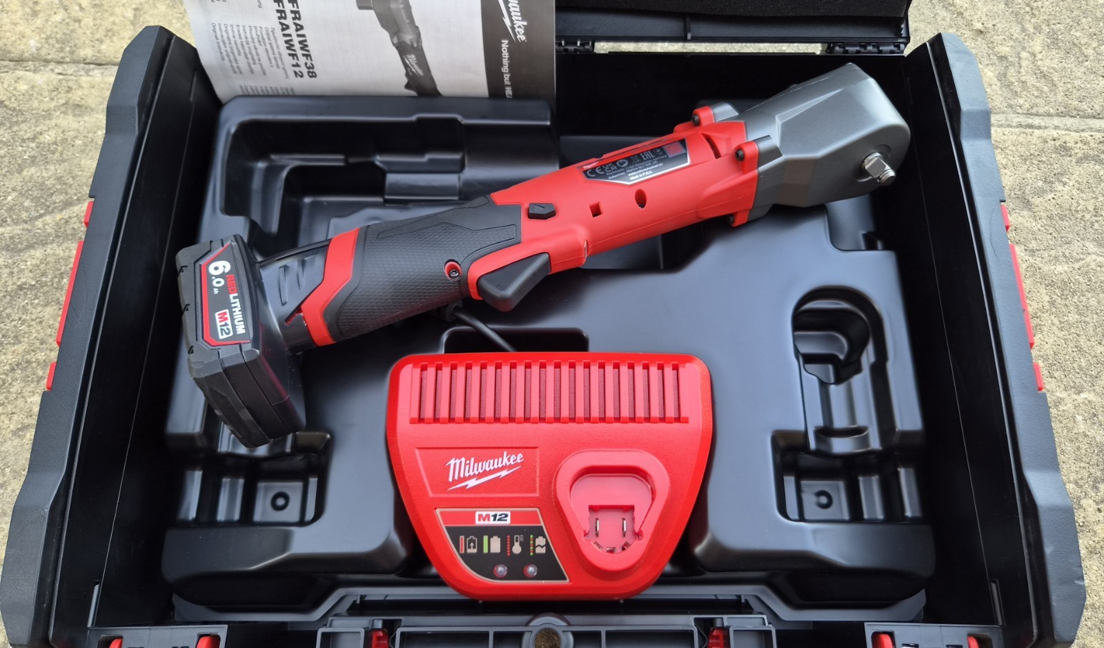 Milwaukee M12 Right Angle Impact Wrench, Inc 6AH Battery & Charger, 3/8 Drive