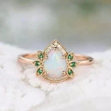 2CT Pear Cut Lab-Created Opal & Diamond Promise Ring For Her 14K Rose Gold FN