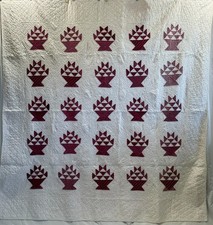 Gorgeous Handmade Early Vintage Claret Crimson Red Basket Quilt 77"x82" HEARTS