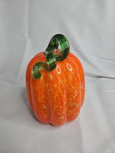 NICE! Vtg Hand Blown Glass Orange Pumpkin Green Stem 9"x 6" Fall Halloween - Picture 2 of 7