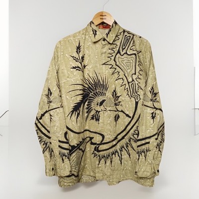 Arrozak Mens Batik Shirt XL Beige Black Gold Bird Print Long Sleeve Indonesia