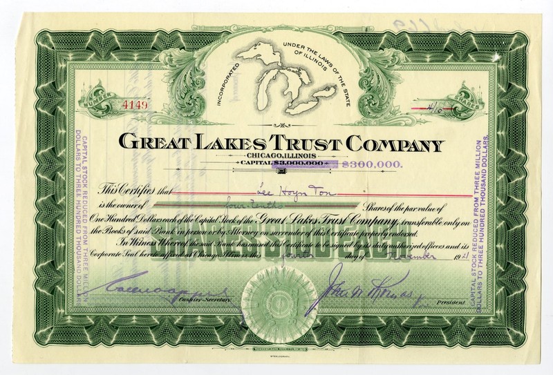 IL. Great Lakes Trust Co., 1921. 4/10ths Shr I/U Stock Cert., S/N 4149. Fine-VF