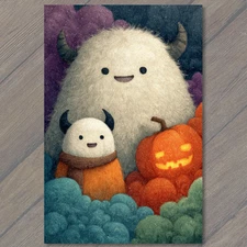 Art Print Fuzzy Horned Creatures With Jack O Lantern Halloween Night