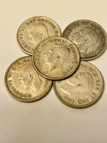 1945-47-49-50-51 lot of 5 Canadian Silver Dime 80% Georgivs VI & Sailboat