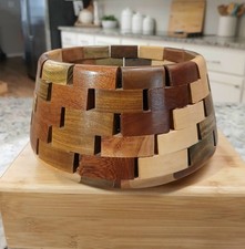 Vntg Segmented Handcrafted Wood Bowl.checkered Board Pattern. Various Woods