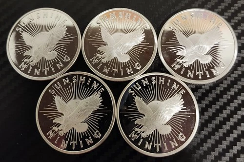 Lot of Five Sunshine Minting 1oz Sunburst Rounds with Eagle