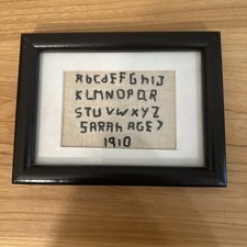 Embroidered Sampler Needlework Vintage Framed 6x8. primitive Alphabet