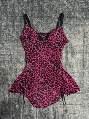 Womens Pink Leopard Print Tank Top Y2K Cami Ruffle Babydoll Lace Trim S-L