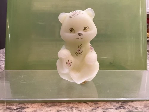 Vintage Fenton Matte Green Sitting Bear with Hand Painted Floral Design Figurine