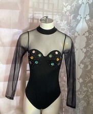 Vtg 90s Black Bodysuit Sheer Crotch Snap Embellish Jewels NEW YEARS Bling Medium
