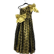 Vintage 80s Evening Glam Dress Gold Black Lace Floral BIG Bows One Shoulder XS