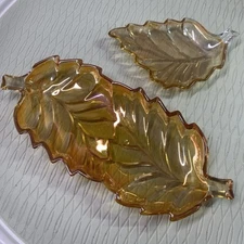 Vintage Jeanette Carnival Glass Marigold Leaves Nut/Candy Dishes 10.75x5.5 & 6x4