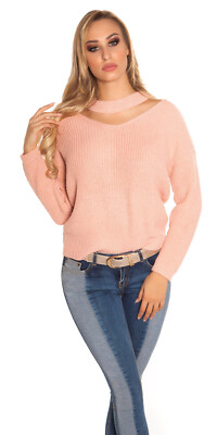 Damen Pullover Strickpullover Trendy Pulli Elegant Sweater Choker Rosa S M