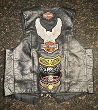 Vintage Harley Davidson Men  s Black Leather Vest/Size 44 LG /HOG/Bar  Shield/