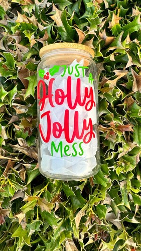 Just A Holly Jolly Mess- Christmas Glass Tumbler With Bamboo Lid & Straw
