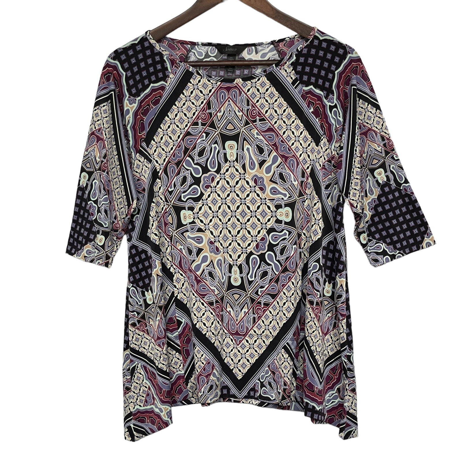 Soma Intimates Top Women Size S Multicolor Geometric Boho Raglan 3/4 Sleeve