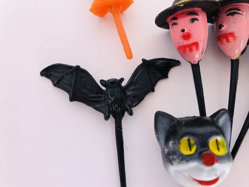 Vintage Halloween Pumpkin Head Cat Witch Bat Cupcake Cake Topper Lot Plastic - Picture 6 of 15