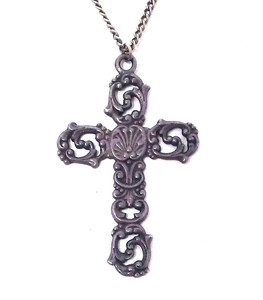 Vtg 2" Filigree Cross Sterling Silver Etched Ornate Pendant & Chain Necklace
