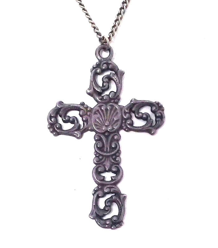Vtg 2" Filigree Cross Sterling Silver Etched Ornate Pendant & Chain Necklace
