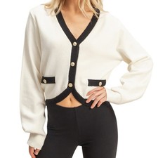 Cream Contrast Trimmed Sweater Cardigan