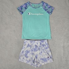 Champion Girls Athleticwear Set Aqua Purple Camouflage Tee With Shorts Size 5