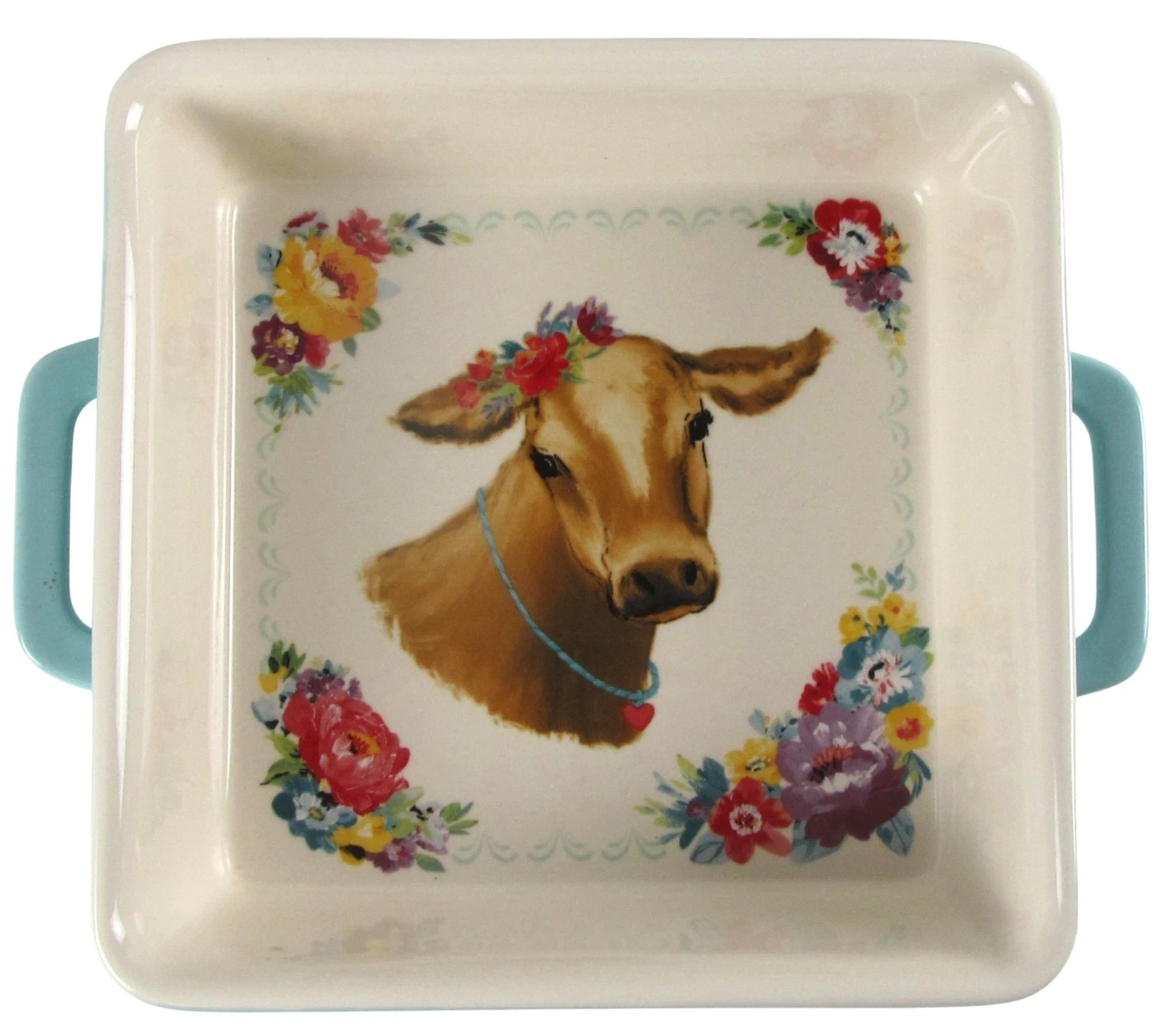 Pioneer Woman Sweet Romance Cow 8x8 Stoneware Baking Dish Teal Floral