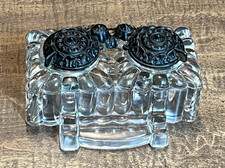 Antique "Tatum" Double Inkwell Pressed Glass w/Cast Iron Swivel Lids 1878-1900