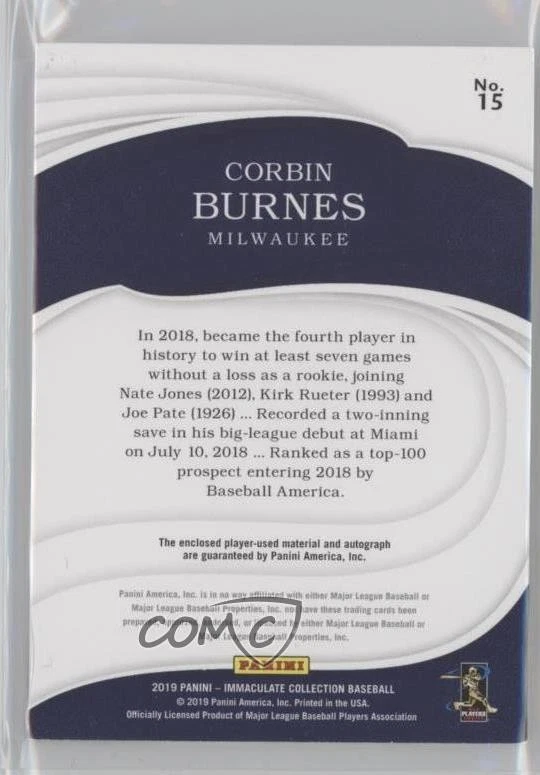 2019 Panini Immaculate /99 Corbin Burnes #15 RPA Rookie Patch Auto RC - Image 2 of 2