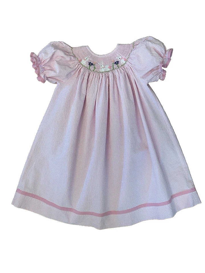 Smocked Pink White Seersucker Bishop Dress Bunnies Gingham Check Easter Size 3 - Image 3 of 4