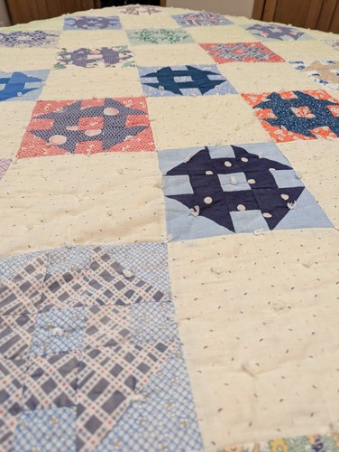 Vintage Hand Tied Quilt Churn Dash Pattern Colorful Green Floral Backing 71"x79" - Picture 4 of 12