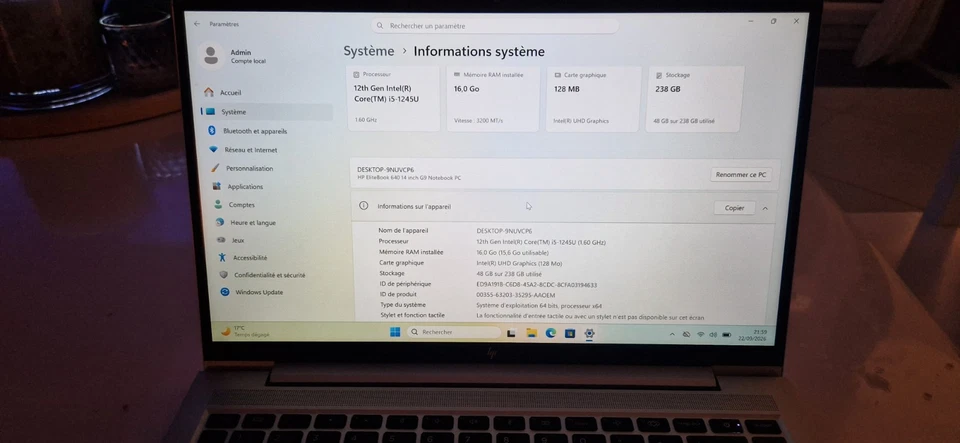 HP EliteBook 640 G9 · i5-1245U · 16GB · 238GB, photo 2 sur 5