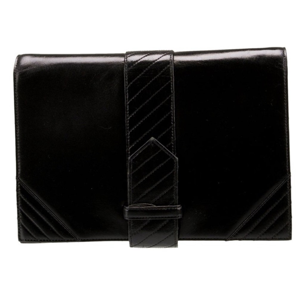 YSL Vintage Black Leather Quilted Clutch with Dust Bag and Box  
