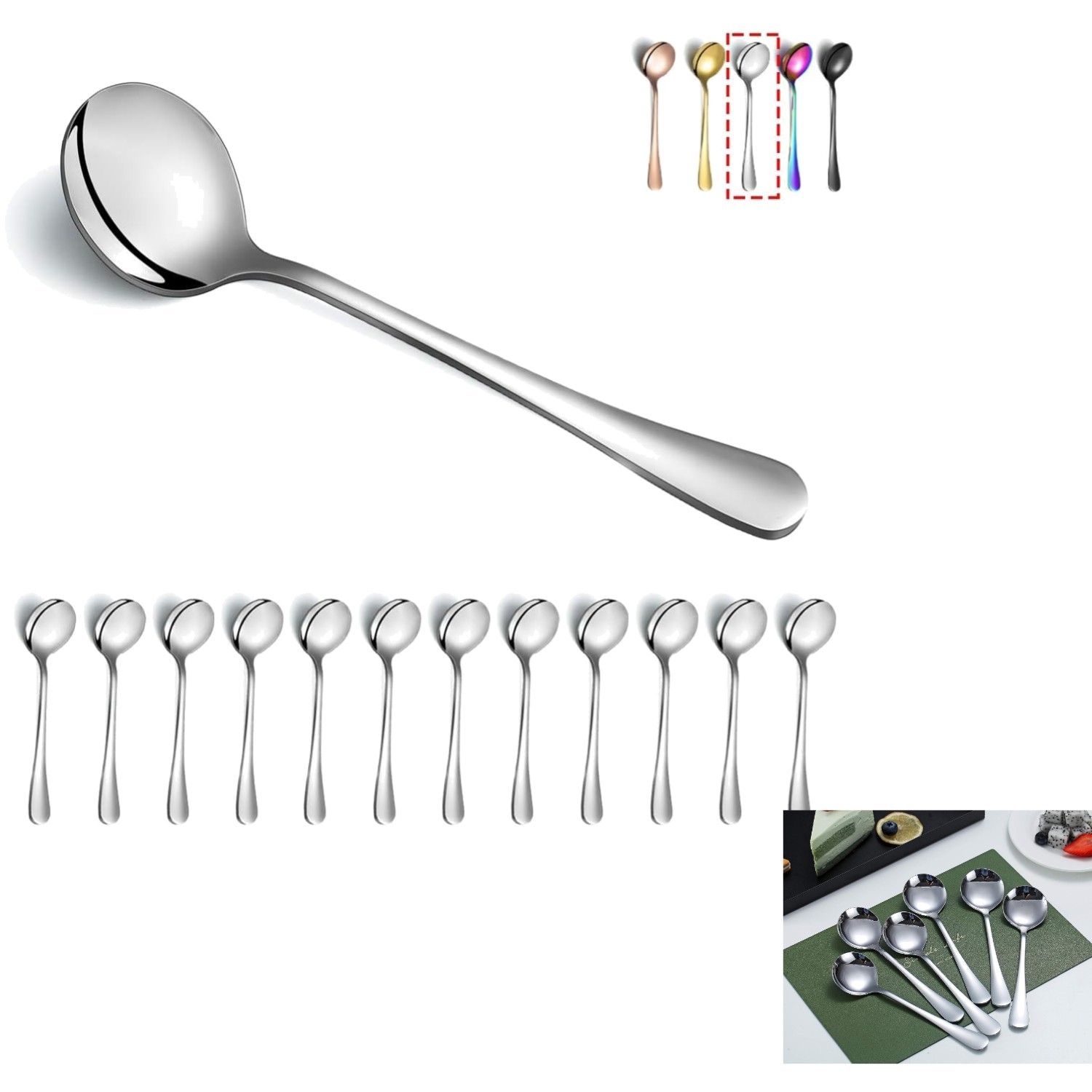 Suppenlöffel Edelstahl, 12 Stück, spülmaschinenfest, robust, Silber, Esslöffel
