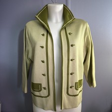 Vintage 1960s Cable Knit Green Cardigan Jacket Sweater Faux Pockets Collared