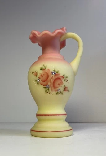 Fenton Art Glass Custard & Peach Pitcher - Hand Painted by Valory Gherke