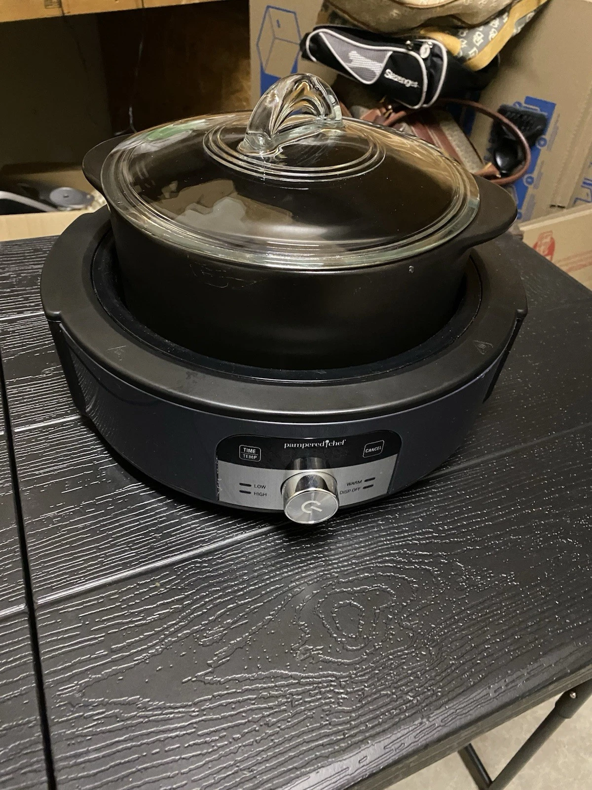 Pampered Chef Slow Cooker 100467 Black With 4 Qt Rock Crok And Glass Lid