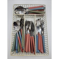 Vintage Flatware Set Stainless Steel Pink Blu...